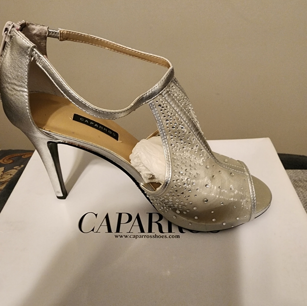 Silver heels with rhinestones
